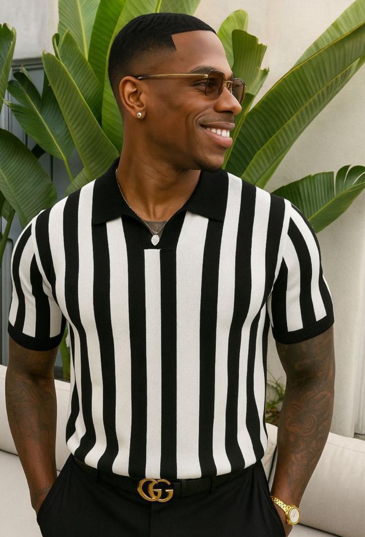 Black & White Vertical Stripe Polo – Men’s Premium Drip